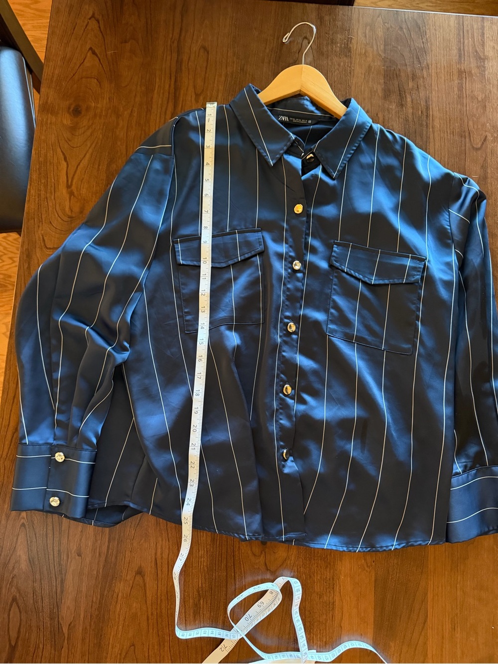 ZARA Navy Shirt with White Pinstripes XL Gold Buttons - Picture 8 of 10